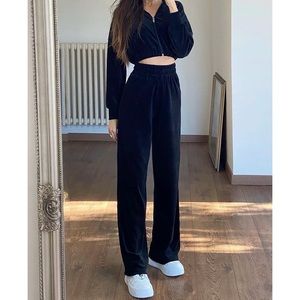 Fashion Nova Black Velour Crop Jacket & Pant Set